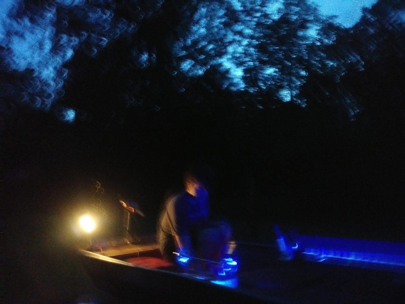 Night shot testing blue LED lighting from inside the boat